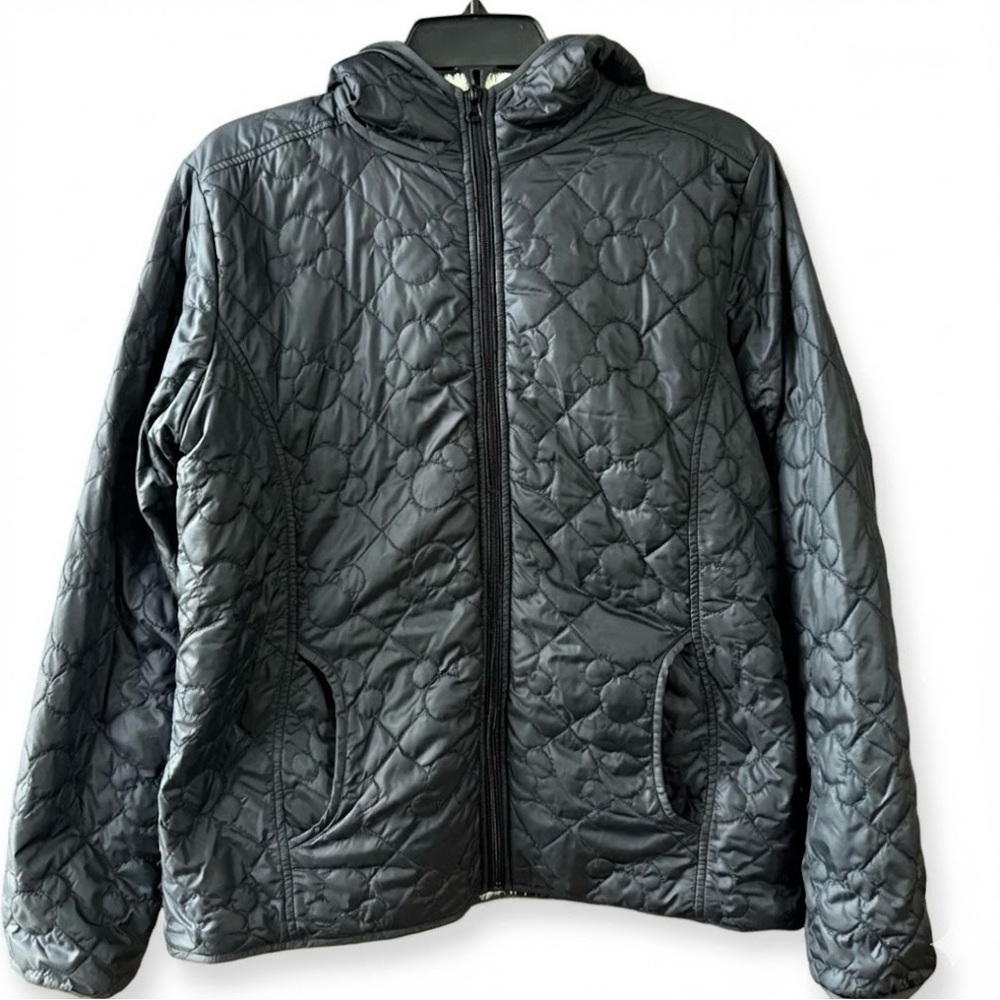 Disney Parks Mickey Black Quilted Fleece Lined Hooded Puffer Jacket  Size Medium